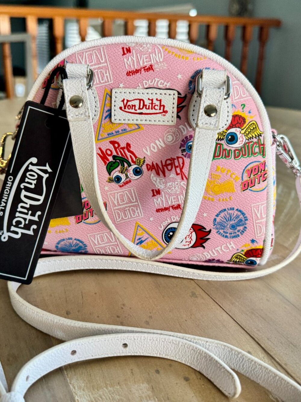 NWT Von Dutch Light Pink Jax Bowling Bag Graphic Crossbody Purse Eyeball Y2K